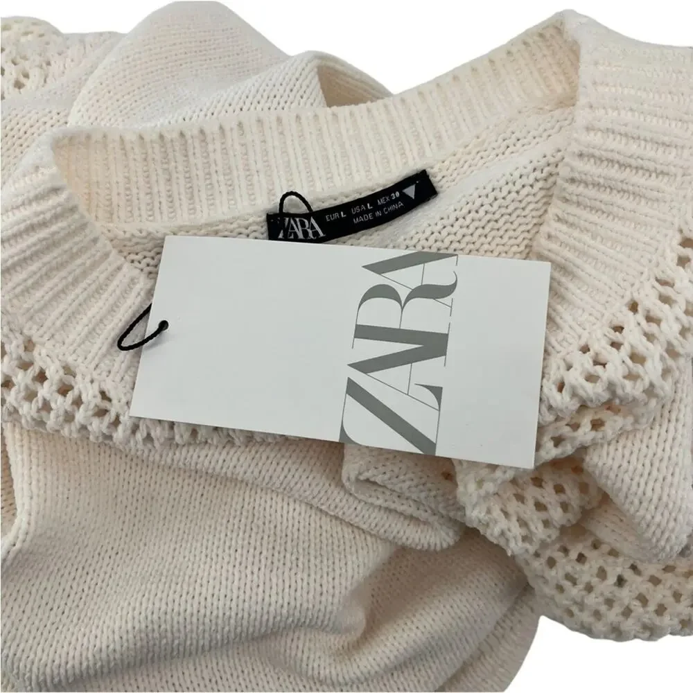 ZARA Cream Open Knit Sweater Large NWT Crochet Mesh Long Sleeve Pullover Top - Picture 6 of 9